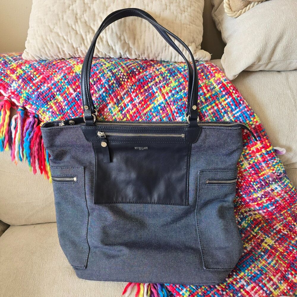 MZ Wallace Navy Leather and Canvas Tote